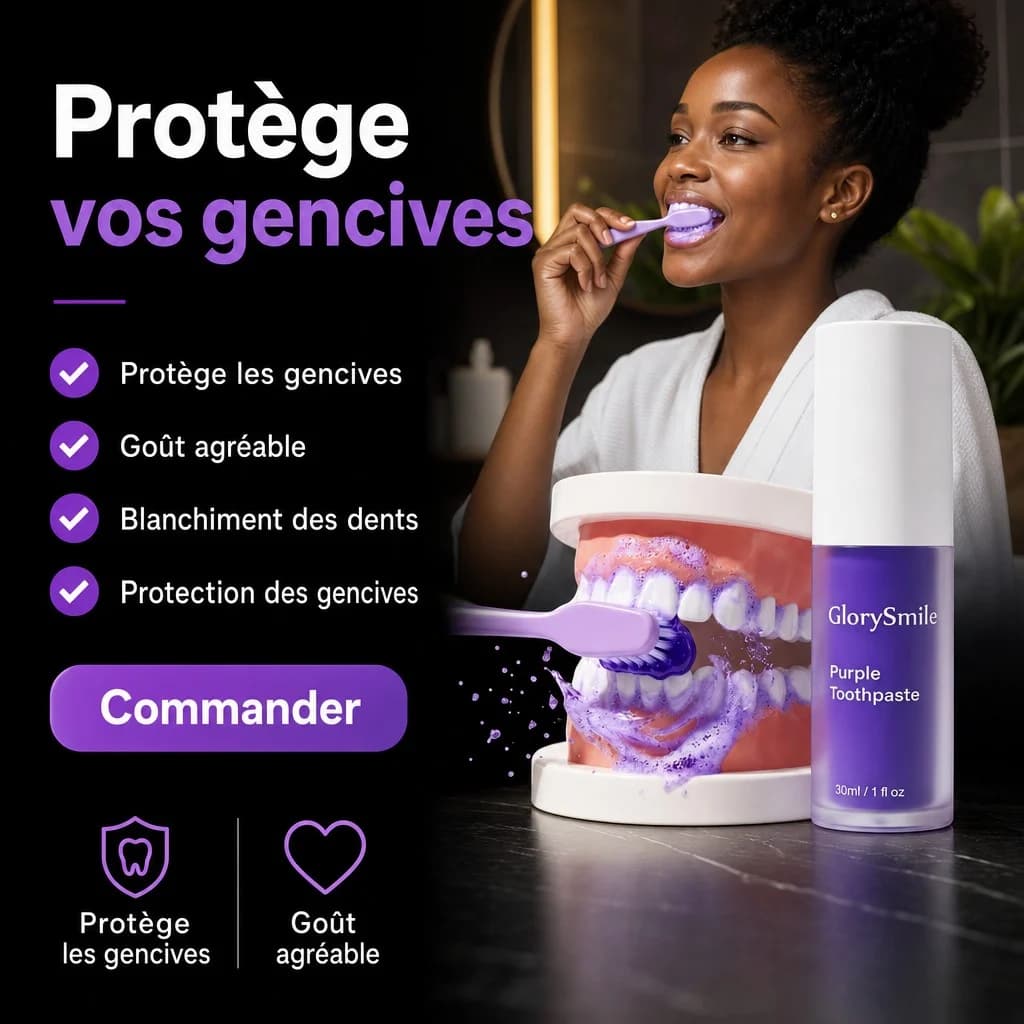 Affiche produite par Creafrik : une femme se brosse les dents, le même flacon GlorySmile.