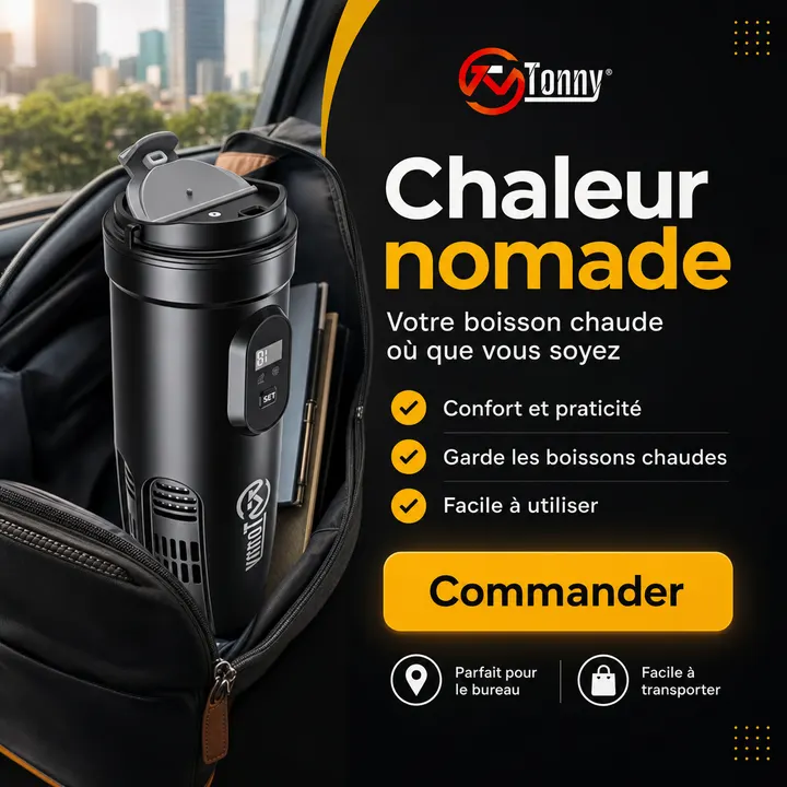 Affiche Creafrik : gobelet chauffant dans un sac, accroche « Chaleur nomade ».