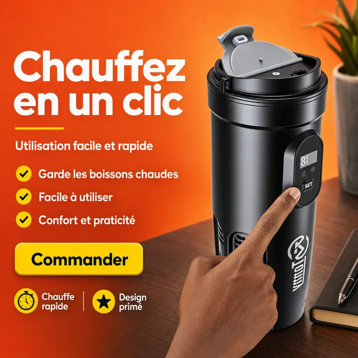 Affiche Creafrik : réglage du gobelet au doigt, accroche « Chauffez en un clic ».
