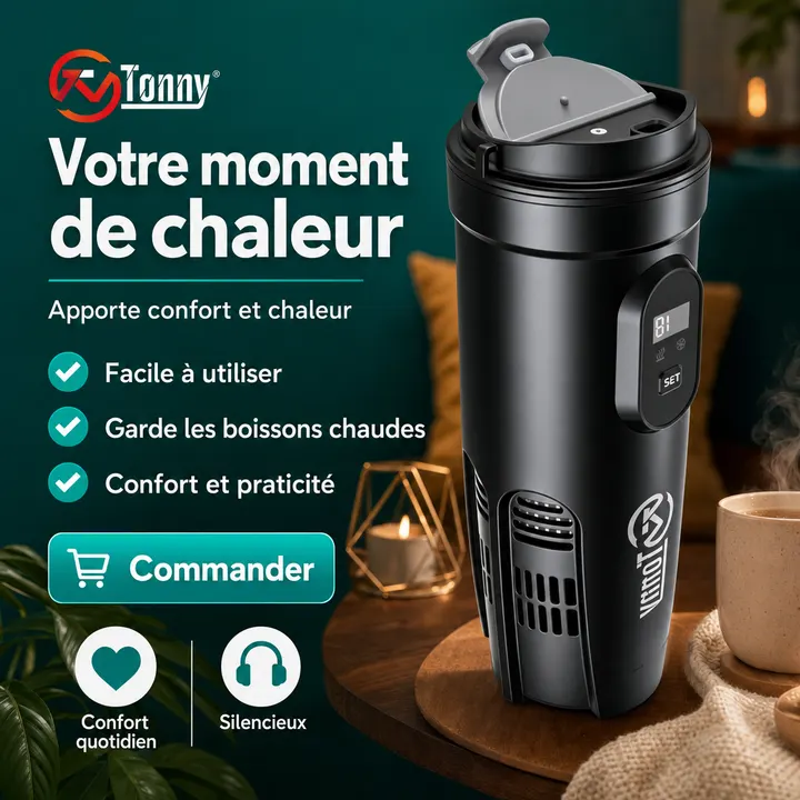 Affiche Creafrik : gobelet dans un salon, accroche « Votre moment de chaleur ».
