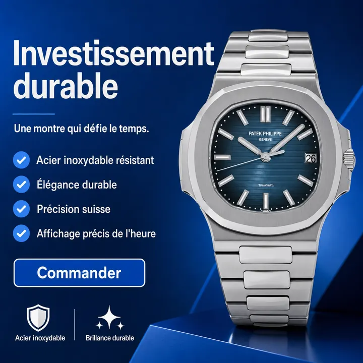 Affiche Creafrik : montre en acier sur fond bleu.
