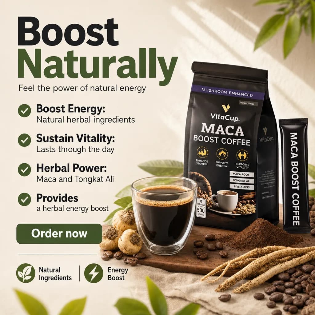Affiche Creafrik : café Maca Boost VitaCup, version 1.